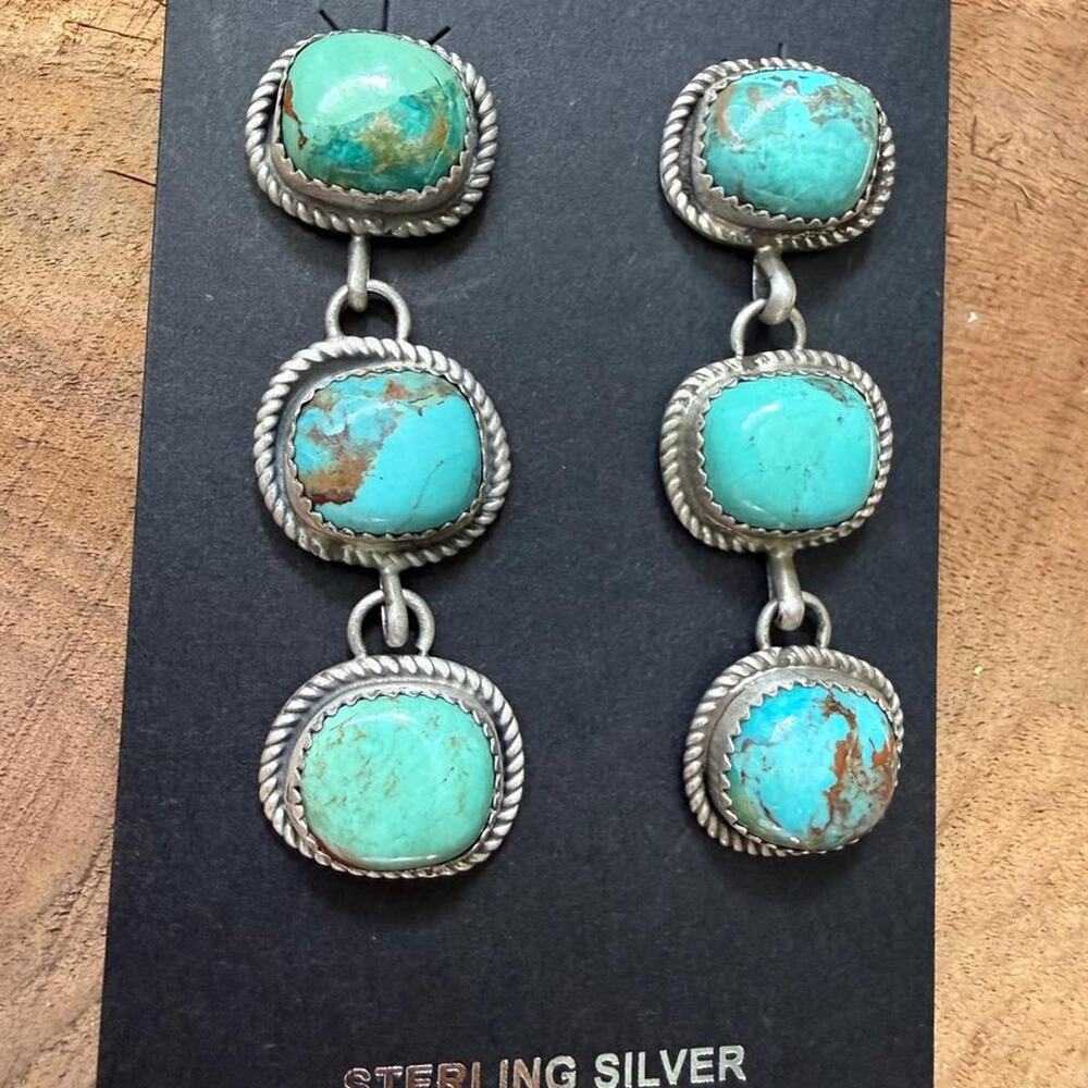Native handmade sterling silver kingman triple stone dangle earringd